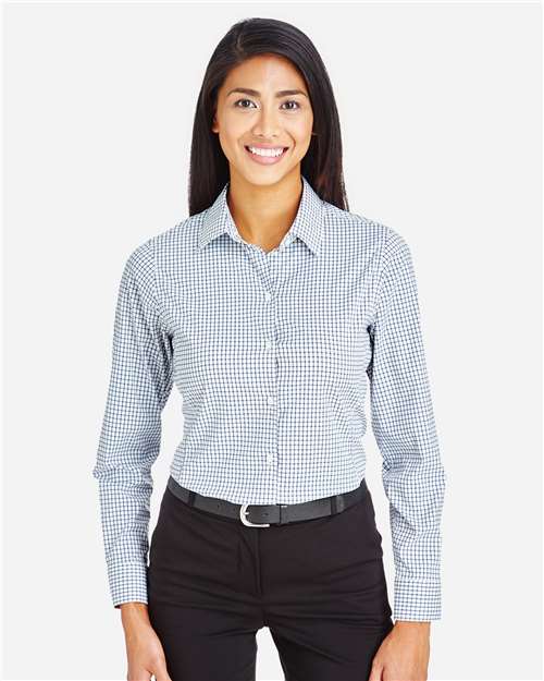 Devon & Jones DG540W Women's CrownLux Performance Micro Windowpane Woven Dress Shirt - Navy/ White - model front