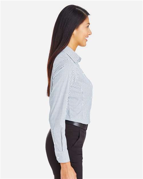 Devon & Jones DG540W Women's CrownLux Performance Micro Windowpane Woven Dress Shirt - Navy/ White - model side