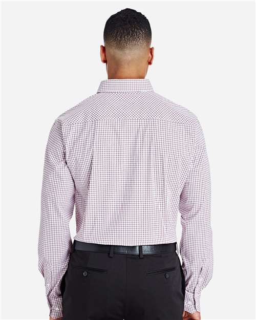 Devon & Jones DG540 Men's CrownLux Performance Micro Windowpane Woven Dress Shirt - Burgundy/ White - model back
