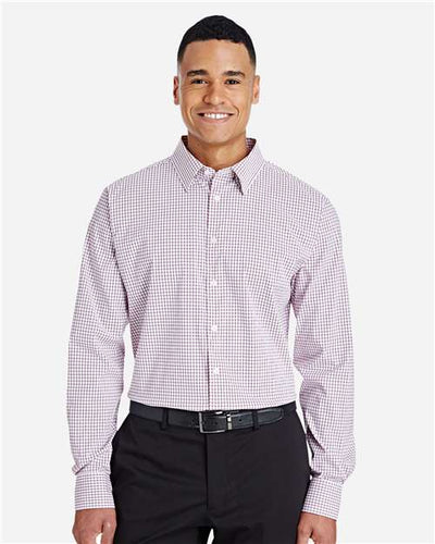 Devon & Jones DG540 Men's CrownLux Performance Micro Windowpane Woven Dress Shirt - Burgundy/ White - model front