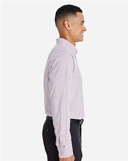 Devon & Jones DG540 Men's CrownLux Performance Micro Windowpane Woven Dress Shirt - Burgundy/ White - model side