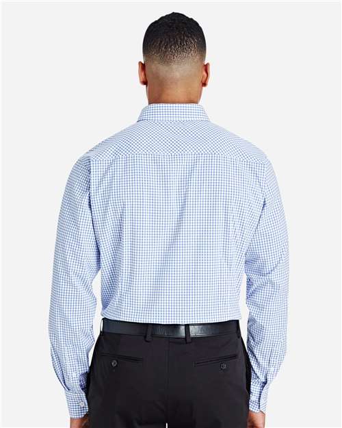 Devon & Jones DG540 Men's CrownLux Performance Micro Windowpane Woven Dress Shirt - French Blue/ White - model back