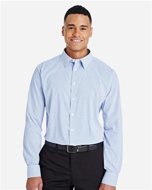 Devon & Jones DG540 Men's CrownLux Performance Micro Windowpane Woven Dress Shirt - French Blue/ White - model front