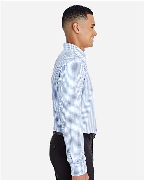 Devon & Jones DG540 Men's CrownLux Performance Micro Windowpane Woven Dress Shirt - French Blue/ White - model side