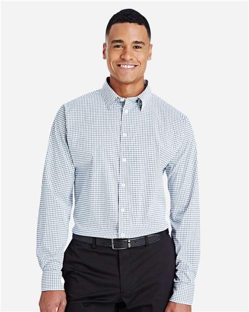 Devon & Jones DG540 Men's CrownLux Performance Micro Windowpane Woven Dress Shirt - Navy/ White - model front