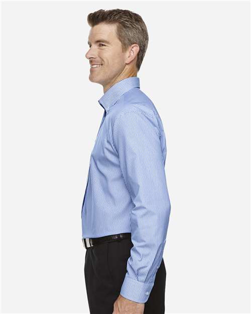 Devon & Jones D645 Men's Crown Collection Banker Stripe Woven Dress Shirt - French Blue - model side