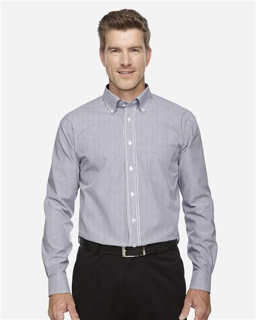 Devon & Jones D645 Men's Crown Collection Banker Stripe Woven Dress Shirt - Navy - model front