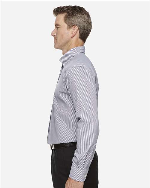Devon & Jones D645 Men's Crown Collection Banker Stripe Woven Dress Shirt - Navy - model side