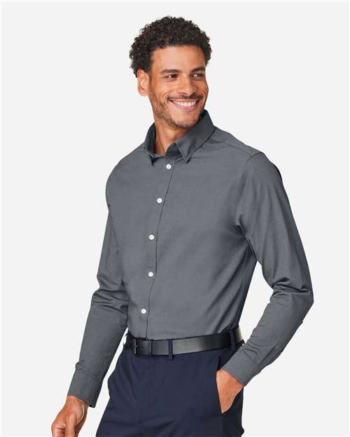 Devon & Jones DG505 Men's CrownLux Performance Spencer Poplin Dress Shirt - Graphite Melange - model side
