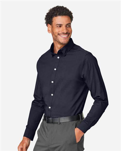 Devon & Jones DG505 Men's CrownLux Performance Spencer Poplin Dress Shirt - Navy Melange - model side