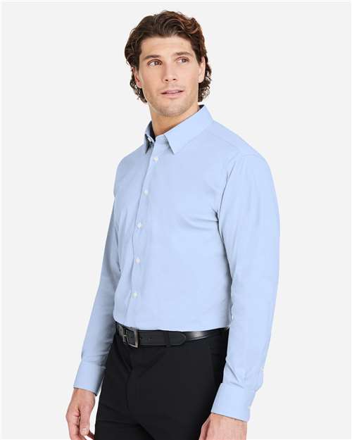 Devon & Jones DG537 Men's CrownLux Performance Microstripe Dress Shirt - French Blue/ White - model side