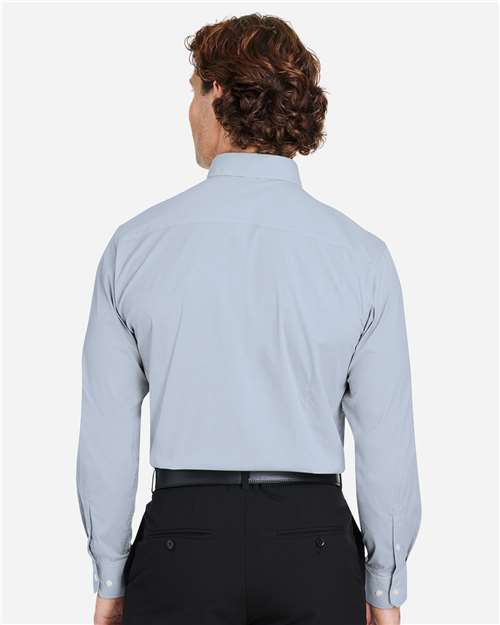 Devon & Jones DG537 Men's CrownLux Performance Microstripe Dress Shirt - Navy/ White - model back