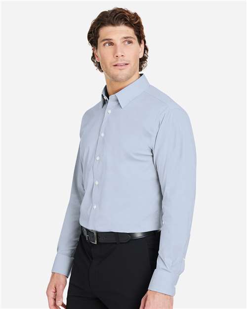 Devon & Jones DG537 Men's CrownLux Performance Microstripe Dress Shirt - Navy/ White - model side