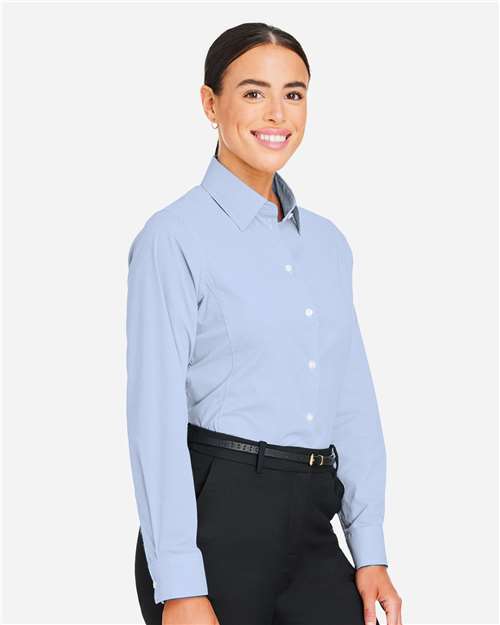 Devon & Jones DG537W Women's CrownLux Performance Microstripe Dress Shirt - French Blue/ White - model side