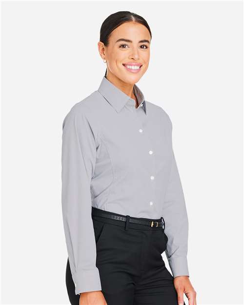 Devon & Jones DG537W Women's CrownLux Performance Microstripe Dress Shirt - Graphite/ White - model side