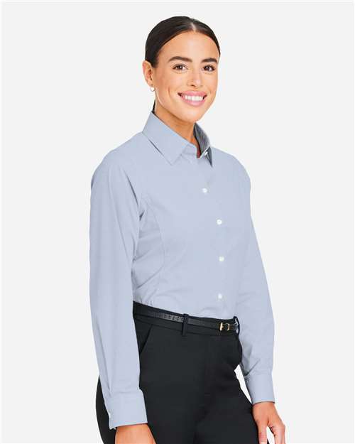 Devon & Jones DG537W Women's CrownLux Performance Microstripe Dress Shirt - Navy/ White - model side