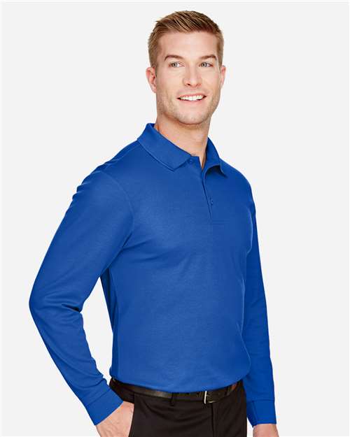 Devon & Jones DG20LT Men's Tall CrownLux Performance Plaited Long Sleeve Polo - True Royal - model side