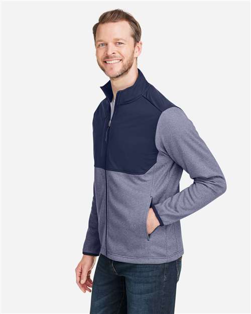 Core 365 CE74 Men's Venture Heathered Stripe Hybrid Jacket - Classic Navy/ White - model side