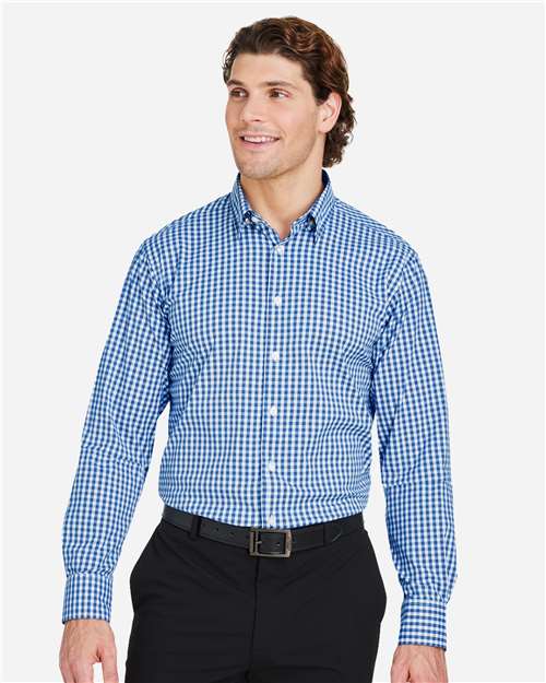 Devon & Jones DG536 Men's CrownLux Performance Gingham Dress Shirt - French Blue/ White - model front