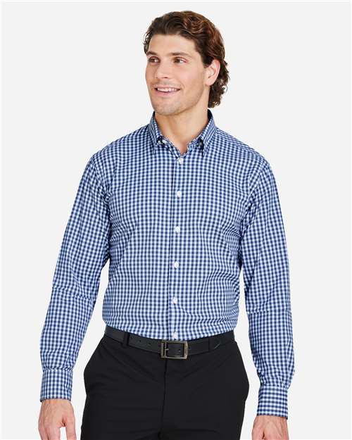 Devon & Jones DG536 Men's CrownLux Performance Gingham Dress Shirt - Navy/ White - model front
