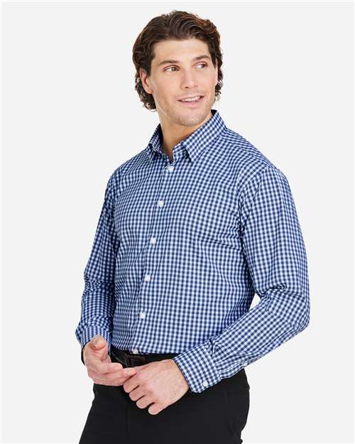 Devon & Jones DG536 Men's CrownLux Performance Gingham Dress Shirt - Navy/ White - model side
