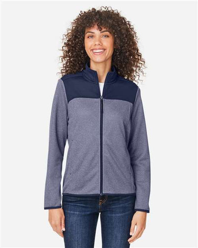 Core 365 CE74W Women's Venture Heathered Stripe Hybrid Jacket - Classic Navy/ White - model front