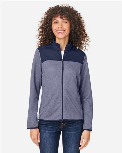 Core 365 CE74W Women's Venture Heathered Stripe Hybrid Jacket - Classic Navy/ White - model front