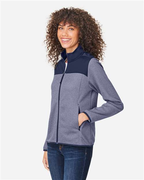 Core 365 CE74W Women's Venture Heathered Stripe Hybrid Jacket - Classic Navy/ White - model side