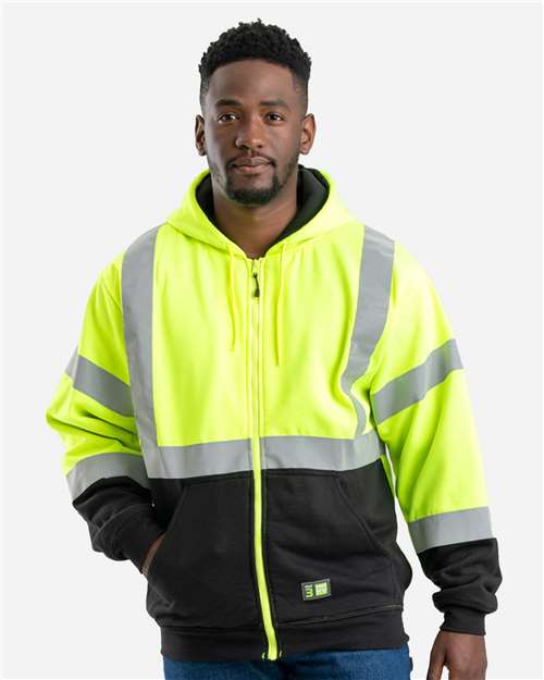 Berne Apparel HVF023 Men's Hi-Vis Class 3 Color Block Full-Zip Hooded Sweatshirt - Hi Vis Yellow - model front