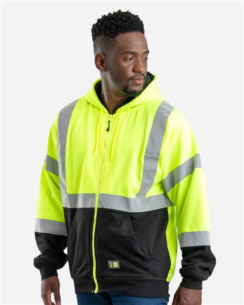 Berne Apparel HVF023 Men's Hi-Vis Class 3 Color Block Full-Zip Hooded Sweatshirt - Hi Vis Yellow - model side