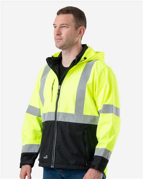 Berne Apparel HVJS206 Men's Hi-Vis Class 3 Hooded Soft Shell Jacket - Yellow - model side