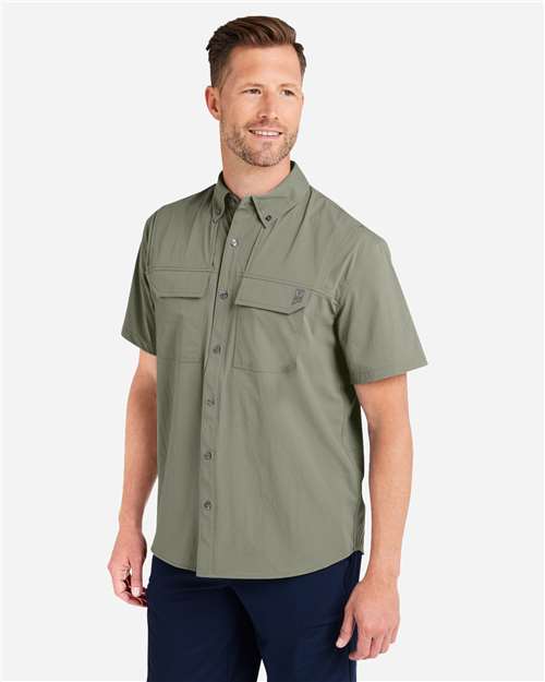 HUK H150183 Men's Creekbed Short Sleeve Shirt - Moss - model side