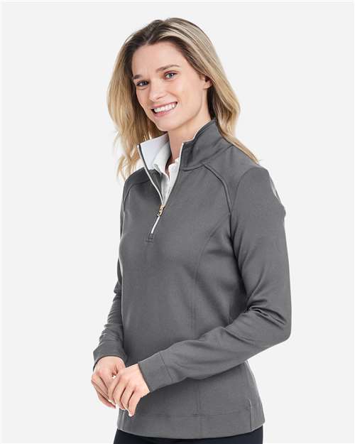 Fairway & Greene F12250 Women's Wells Tech Quarter-Zip Pullover - Dark Shadow Grey Heather - model side