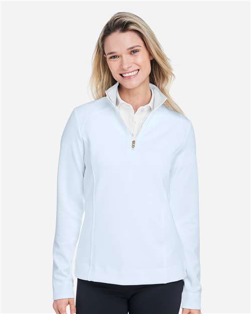 Fairway & Greene F12250 Women's Wells Tech Quarter-Zip Pullover - Dream/ White - model front