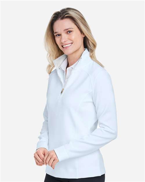 Fairway & Greene F12250 Women's Wells Tech Quarter-Zip Pullover - Dream/ White - model side