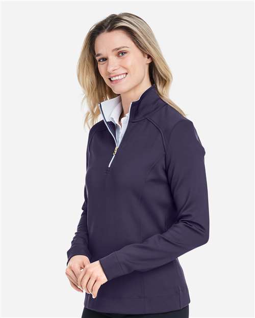 Fairway & Greene F12250 Women's Wells Tech Quarter-Zip Pullover - Eclipse/ White - model side
