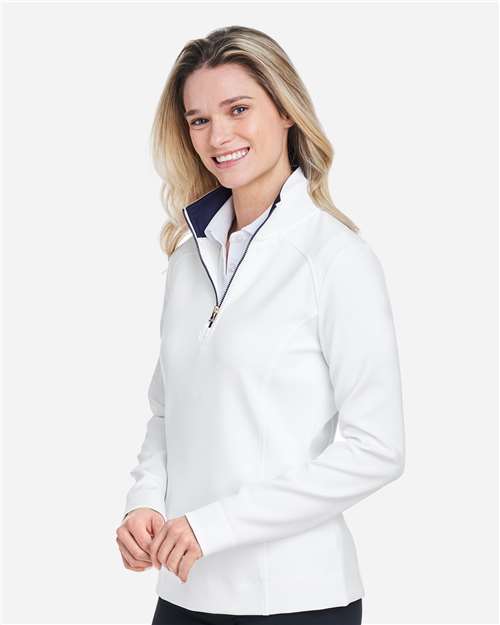 Fairway & Greene F12250 Women's Wells Tech Quarter-Zip Pullover - White/ Eclipse - model side