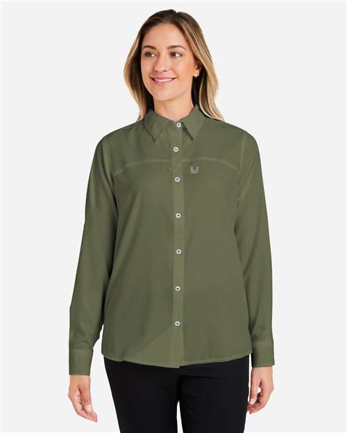 HUK H615006 Women's Tide Point Shirt - Moss - model front