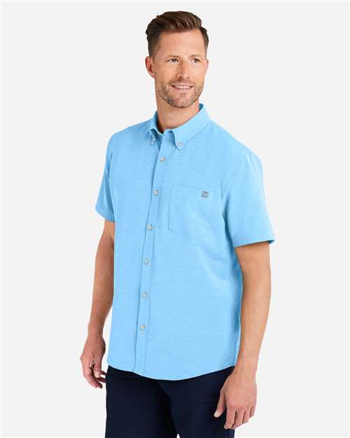 HUK H150154 Men's Kona Short Sleeve Solid Shirt - Marolina Blue - model side