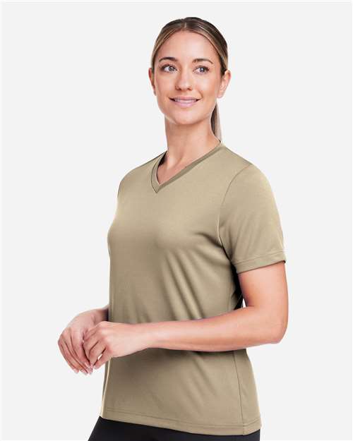 Team 365 TT15W Women's Zone Performance Mesh T-Shirt - Desert Khaki - model side