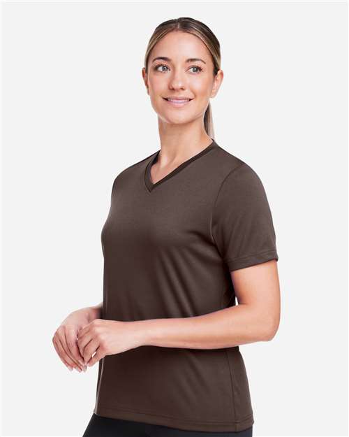 Team 365 TT15W Women's Zone Performance Mesh T-Shirt - Sport Dark Brown - model side