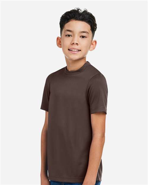 Team 365 TT15Y Youth Zone Performance Mesh T-Shirt - Sport Dark Brown - model side