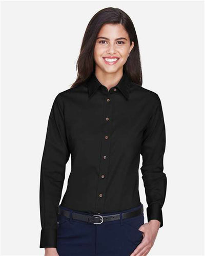 Harriton M500W Women's Easy Blend Long Sleeve Twill Dress Shirt with Stain-Release - Black - model front