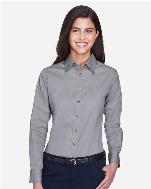 Harriton M500W Women's Easy Blend Long Sleeve Twill Dress Shirt with Stain-Release - Dark Grey - model front