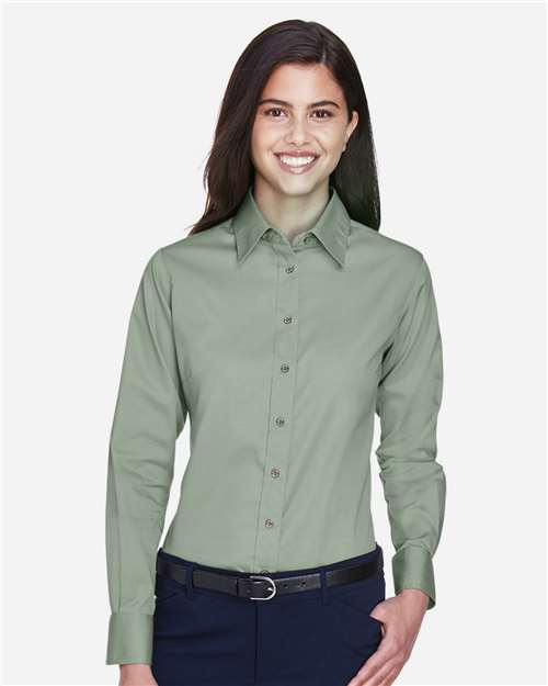 Harriton M500W Women's Easy Blend Long Sleeve Twill Dress Shirt with Stain-Release - Dill - model front