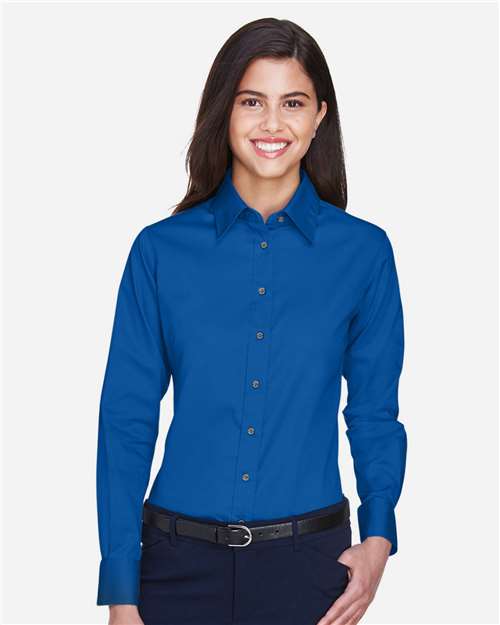 Harriton M500W Women's Easy Blend Long Sleeve Twill Dress Shirt with Stain-Release - French Blue - model front