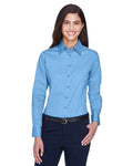 Harriton M500W Women's Easy Blend Long Sleeve Twill Dress Shirt with Stain-Release - Light College Blue - model front