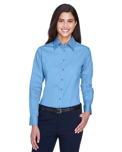 Harriton M500W Women's Easy Blend Long Sleeve Twill Dress Shirt with Stain-Release - Light College Blue - model front