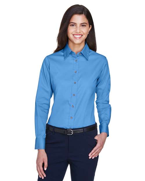 Harriton M500W Women's Easy Blend Long Sleeve Twill Dress Shirt with Stain-Release - Nautical Blue - model front
