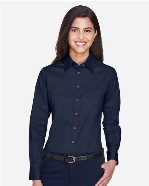 Harriton M500W Women's Easy Blend Long Sleeve Twill Dress Shirt with Stain-Release - Navy - model front